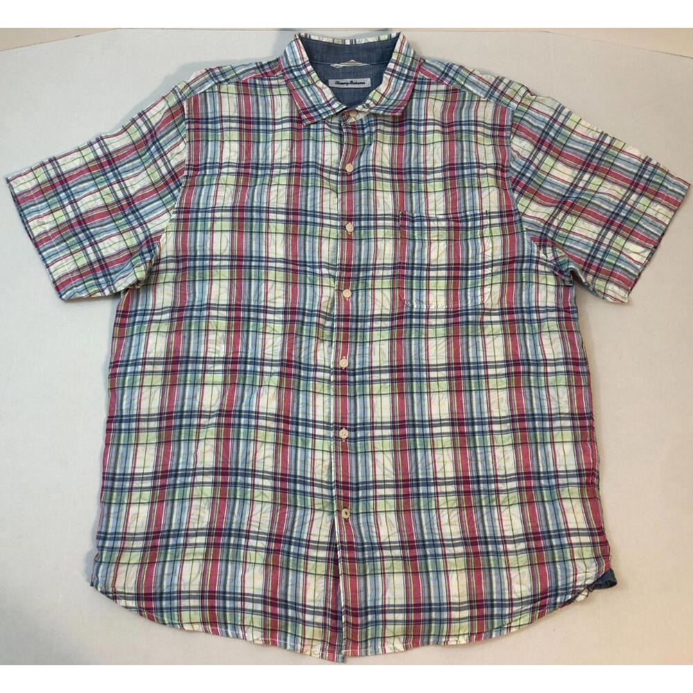 Tommy Bahama Men's Island Etch Cotton Camp Shirt Rose Bed Plaid Floral Lining -L